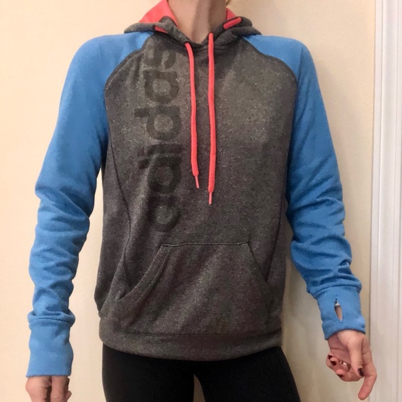 Adidas gray, blue, and neon orange hoodie (M)